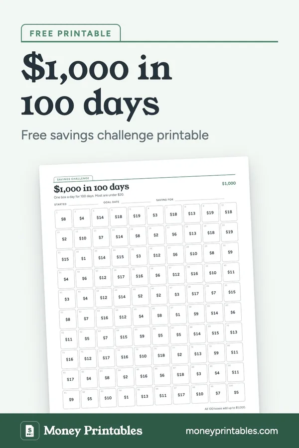 $1,000 in 100 days: free printable from Money Printables