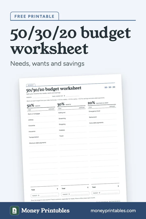 50/30/20 budget worksheet: free printable from Money Printables