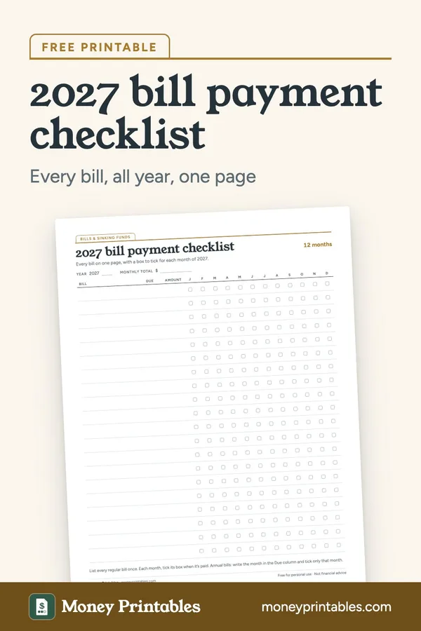 2027 bill payment checklist: free printable from Money Printables