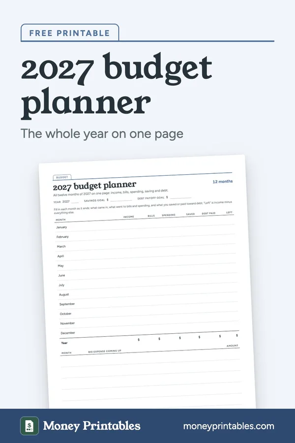 2027 budget planner: free printable from Money Printables