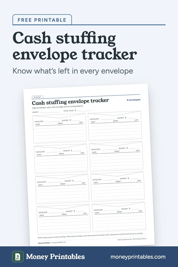Cash stuffing envelope tracker: free printable from Money Printables