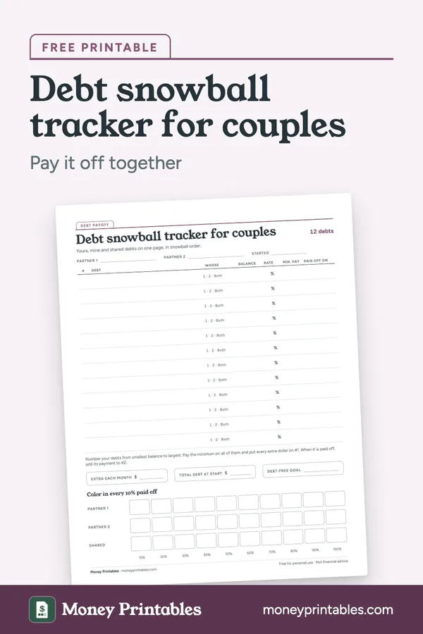 Debt snowball tracker for couples: free printable from Money Printables