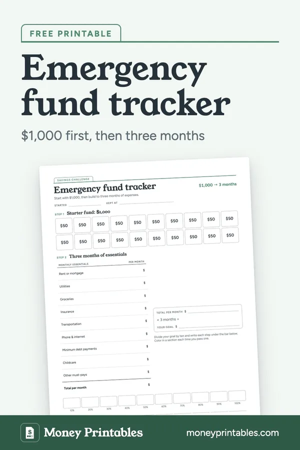 Emergency fund tracker: free printable from Money Printables