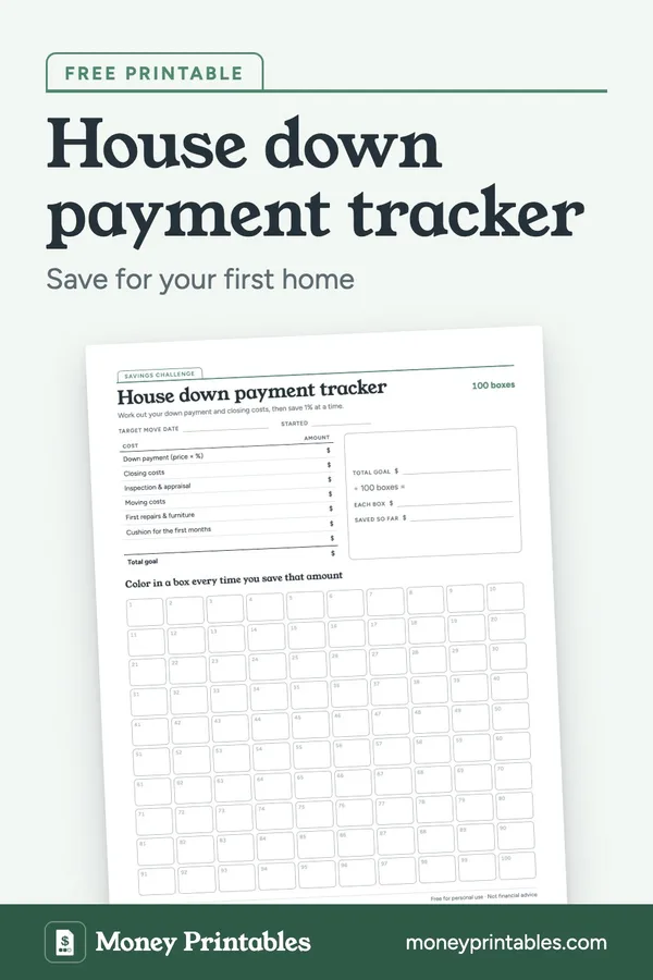 House down payment tracker: free printable from Money Printables