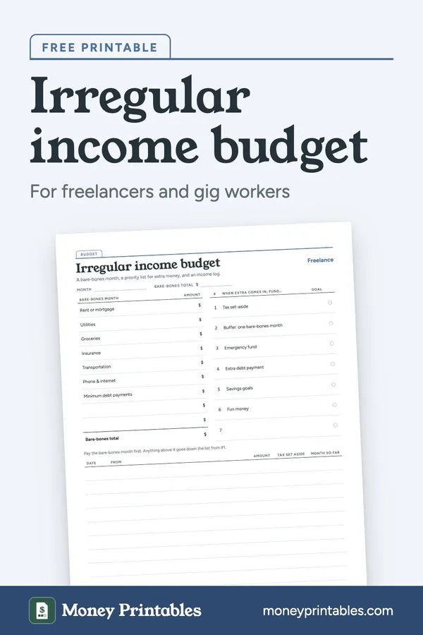 Irregular income budget: free printable from Money Printables