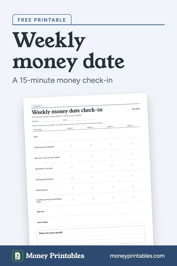 Weekly money date check-in: free printable from Money Printables