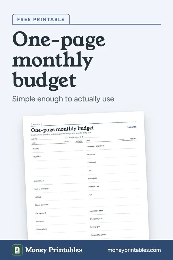 One-page monthly budget: free printable from Money Printables