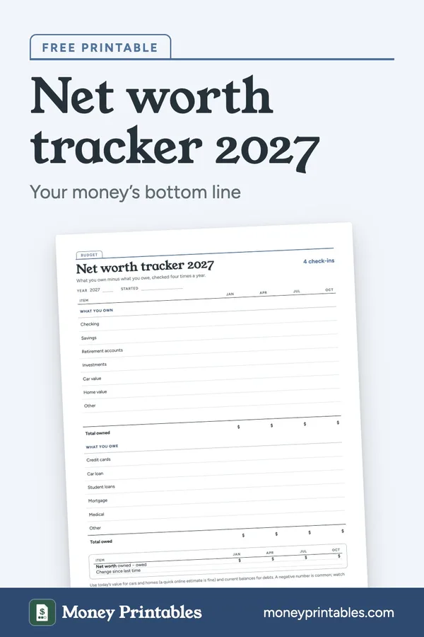 Net worth tracker 2027: free printable from Money Printables