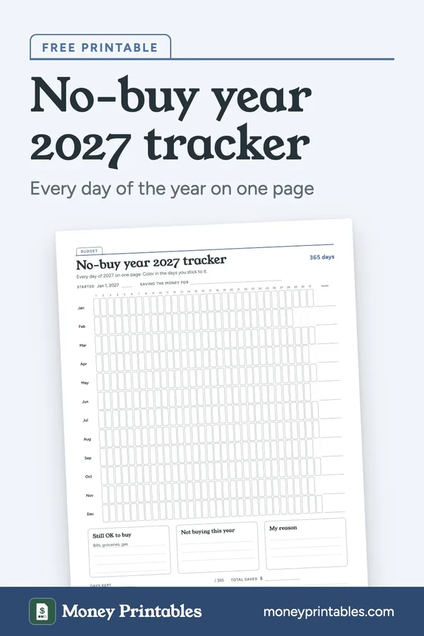 No-buy year 2027 tracker: free printable from Money Printables