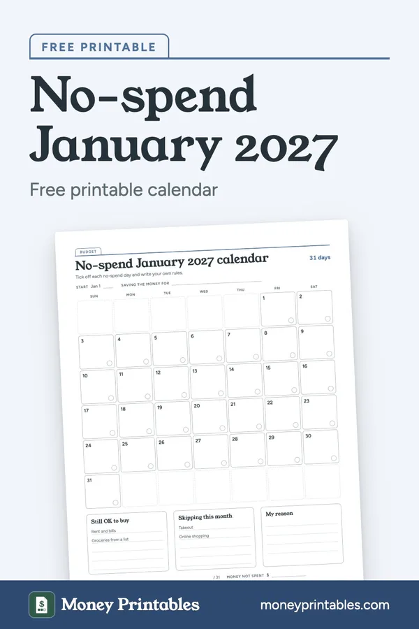 No-spend January 2027 calendar: free printable from Money Printables