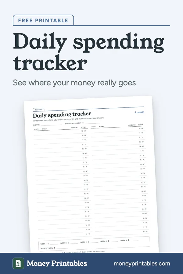 Daily spending tracker: free printable from Money Printables