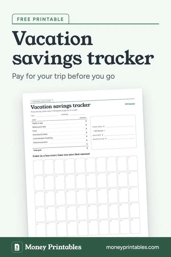 Vacation savings tracker: free printable from Money Printables