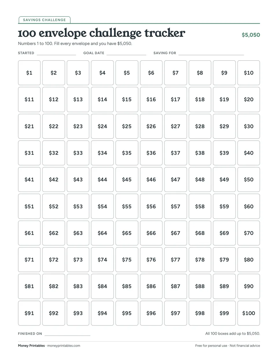Preview of the 100 envelope challenge tracker printable