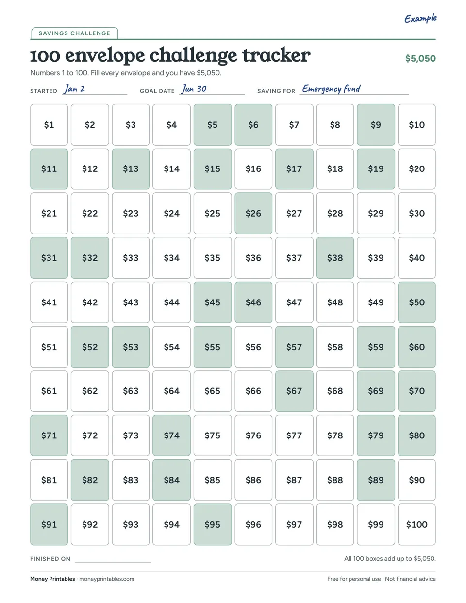 Example of the 100 envelope challenge tracker printable filled in
