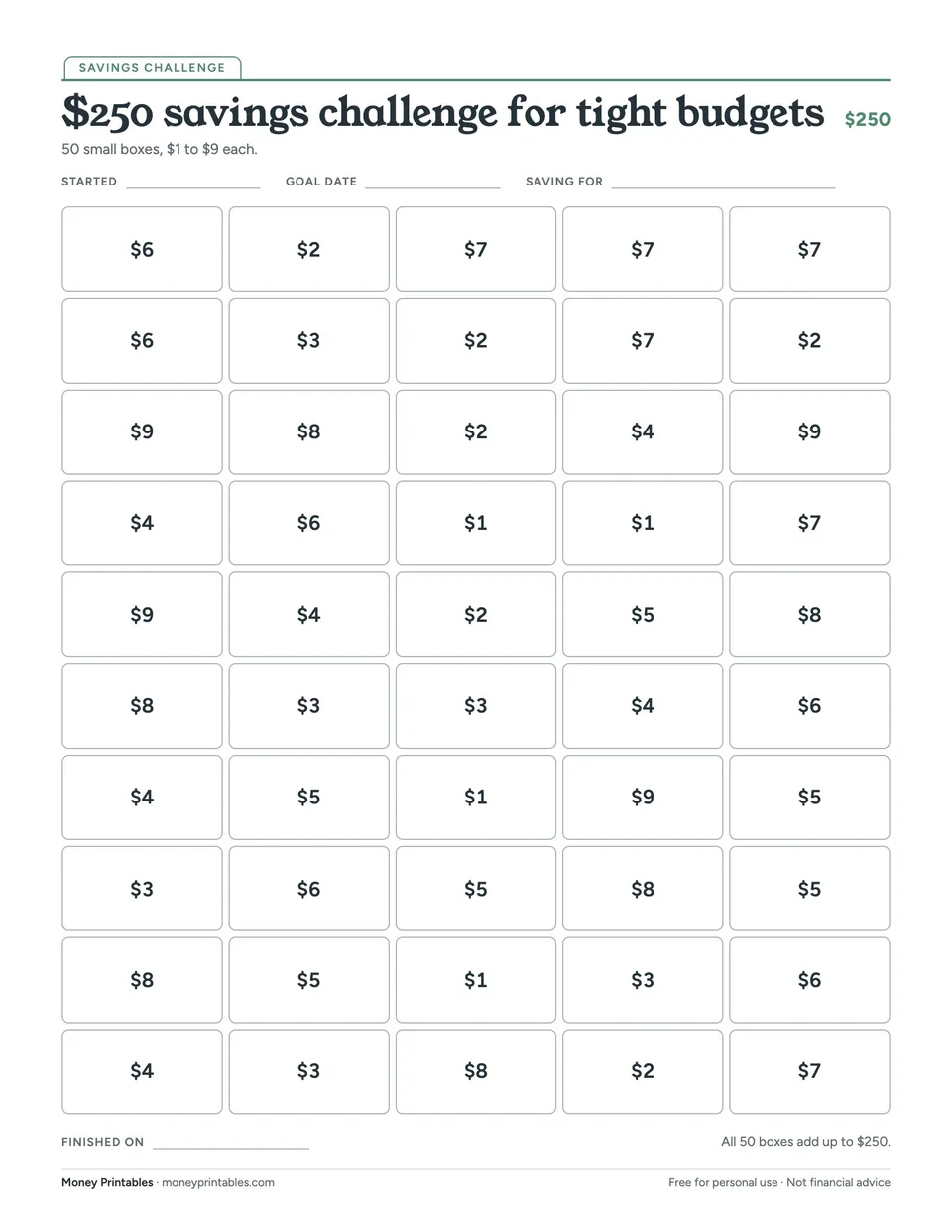 Preview of the $250 savings challenge for tight budgets printable