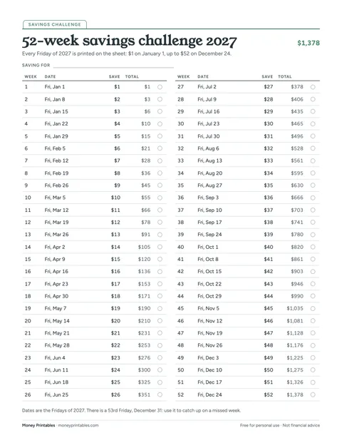 Preview of the 52-week savings challenge 2027 printable