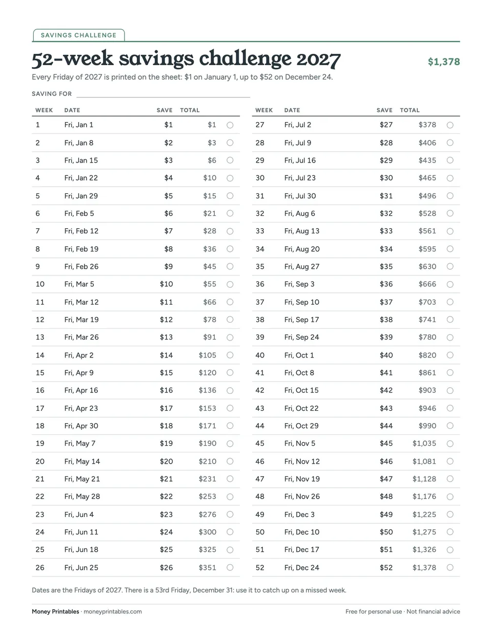 Preview of the 52-week savings challenge 2027 printable