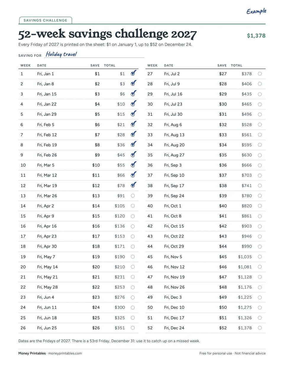 Example of the 52-week savings challenge 2027 printable filled in