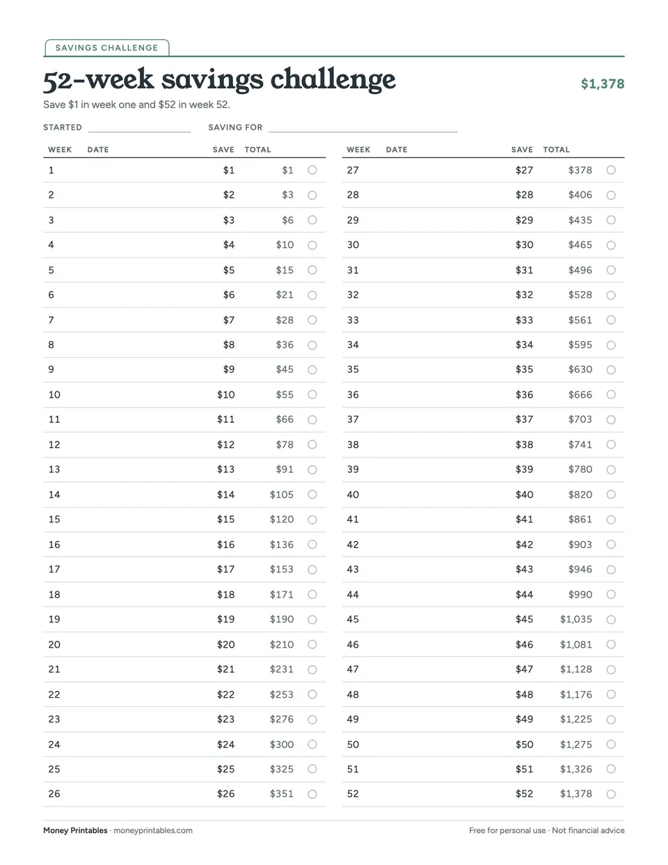 Preview of the 52-week savings challenge printable