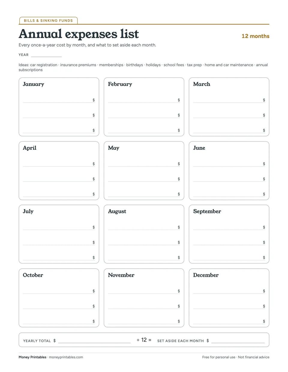 Preview of the Annual expenses list printable