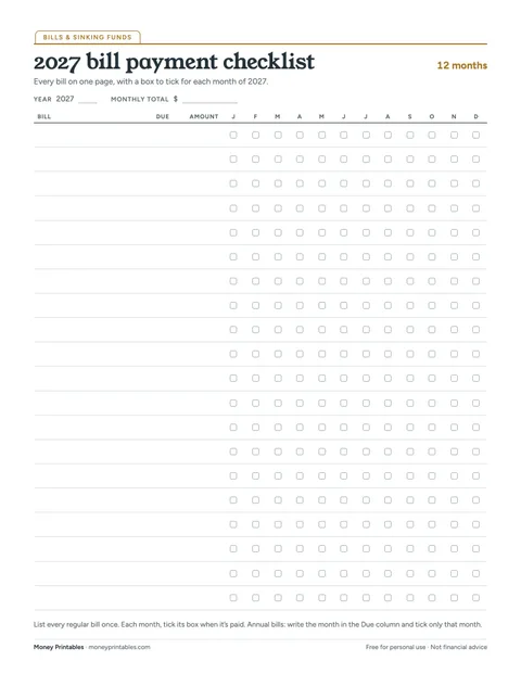 Preview of the 2027 bill payment checklist printable