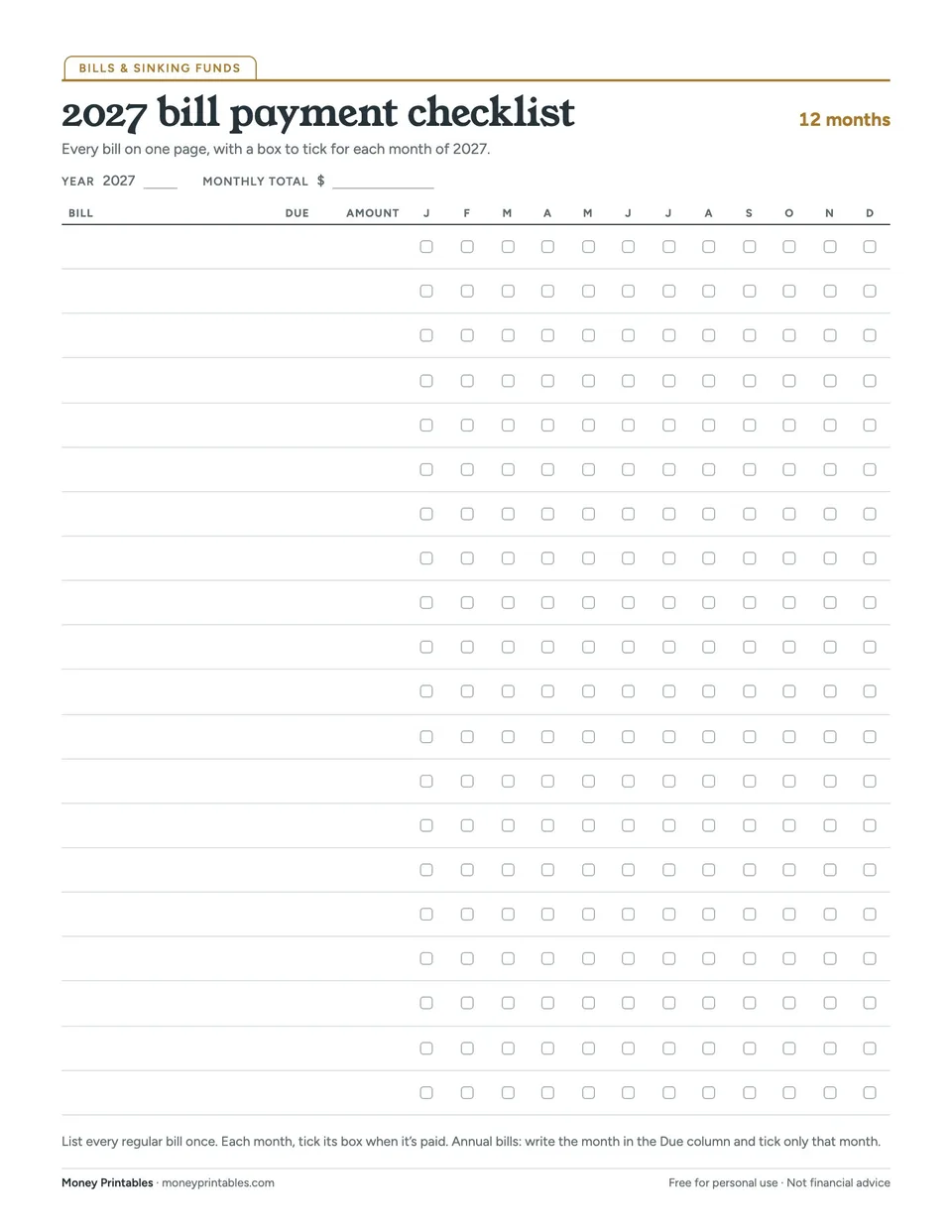 Preview of the 2027 bill payment checklist printable
