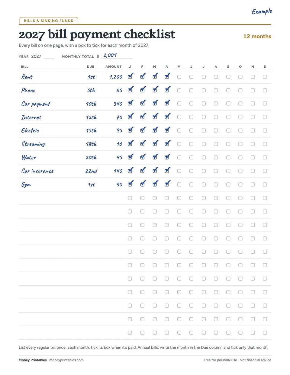 Example of the 2027 bill payment checklist printable filled in