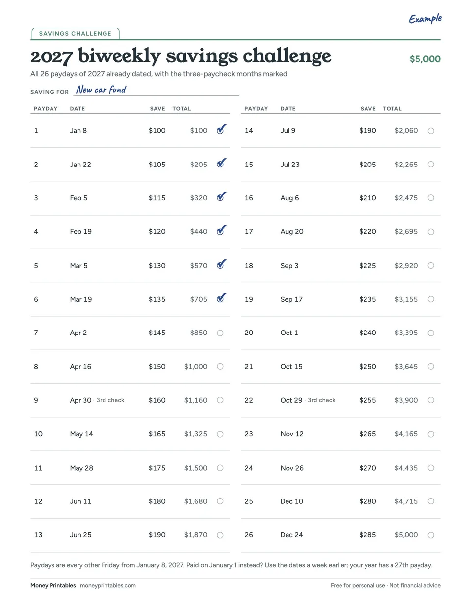 Example of the Biweekly savings challenge 2027 ($5,000) printable filled in