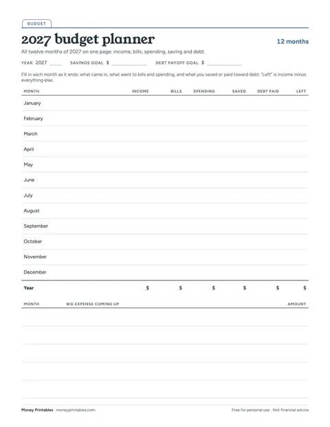 Preview of the 2027 budget planner printable