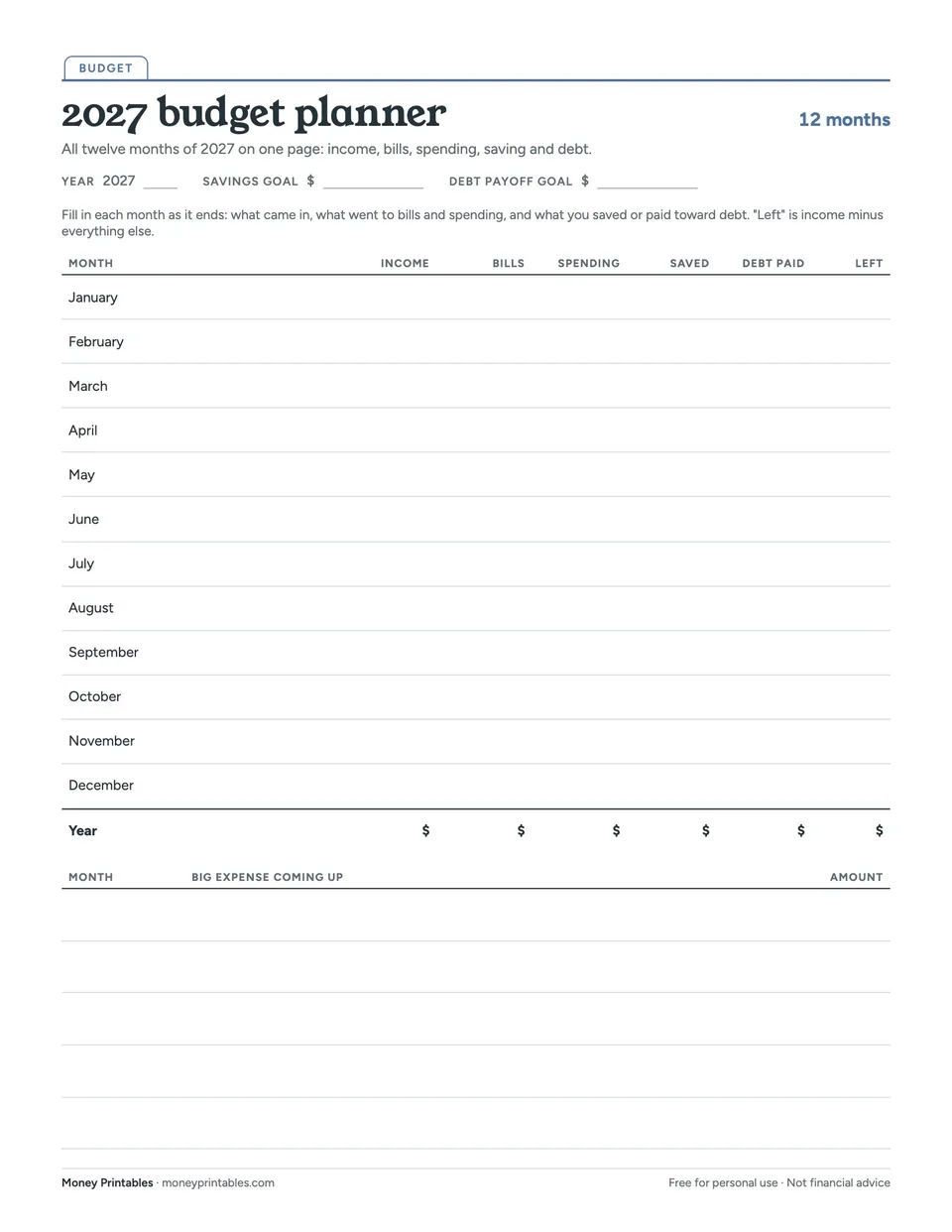 Preview of the 2027 budget planner printable