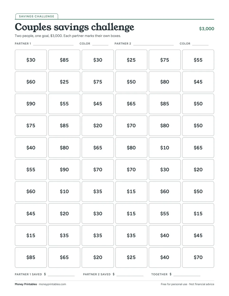 Preview of the Couples savings challenge printable