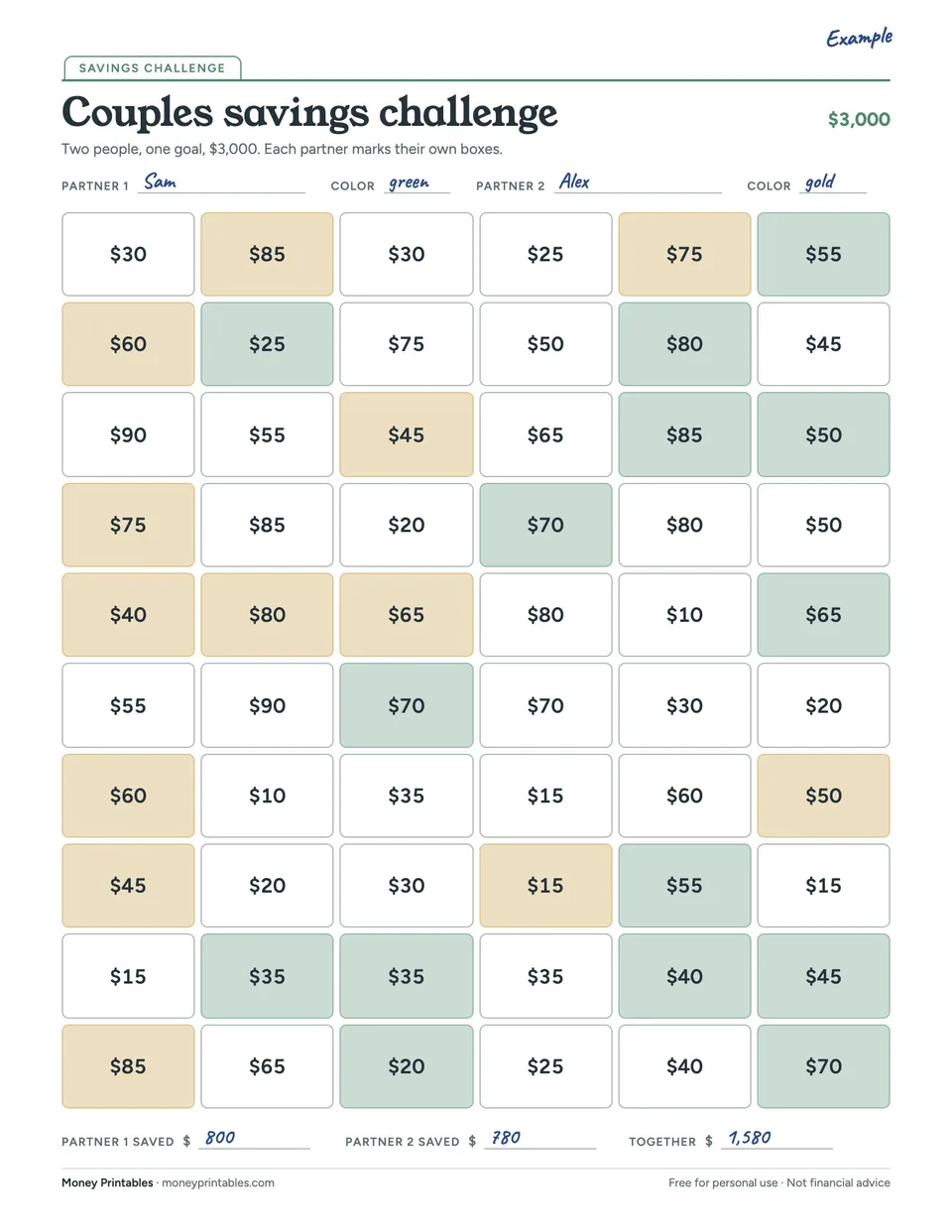 Example of the Couples savings challenge printable filled in