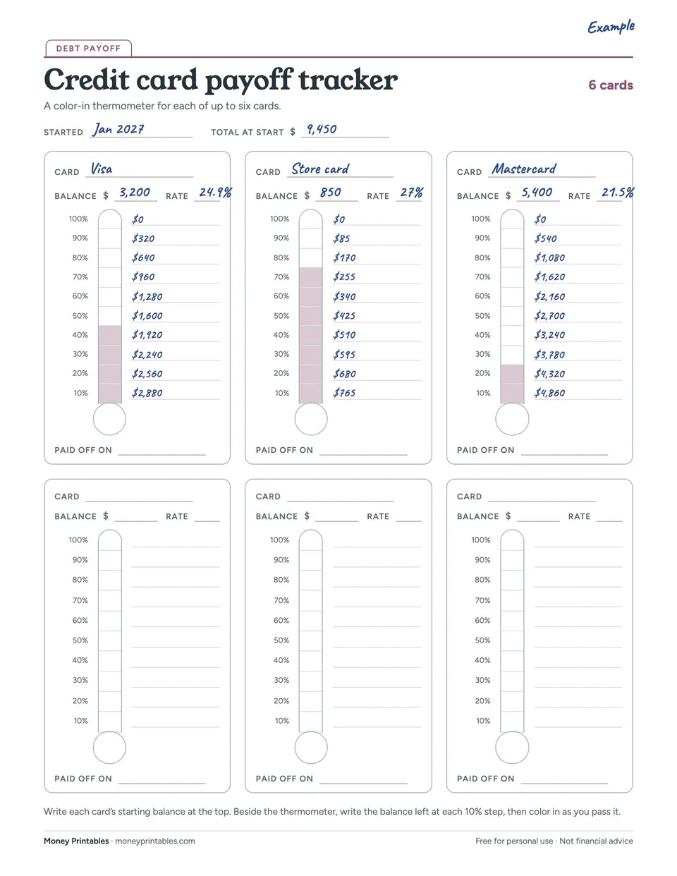 Example of the Credit card payoff tracker printable filled in