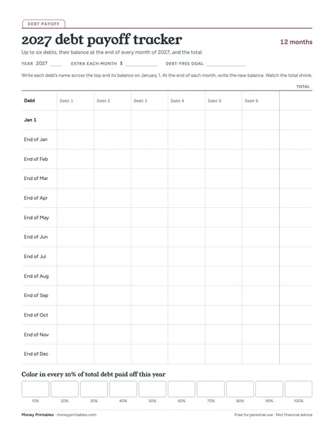 Preview of the 2027 debt payoff tracker printable