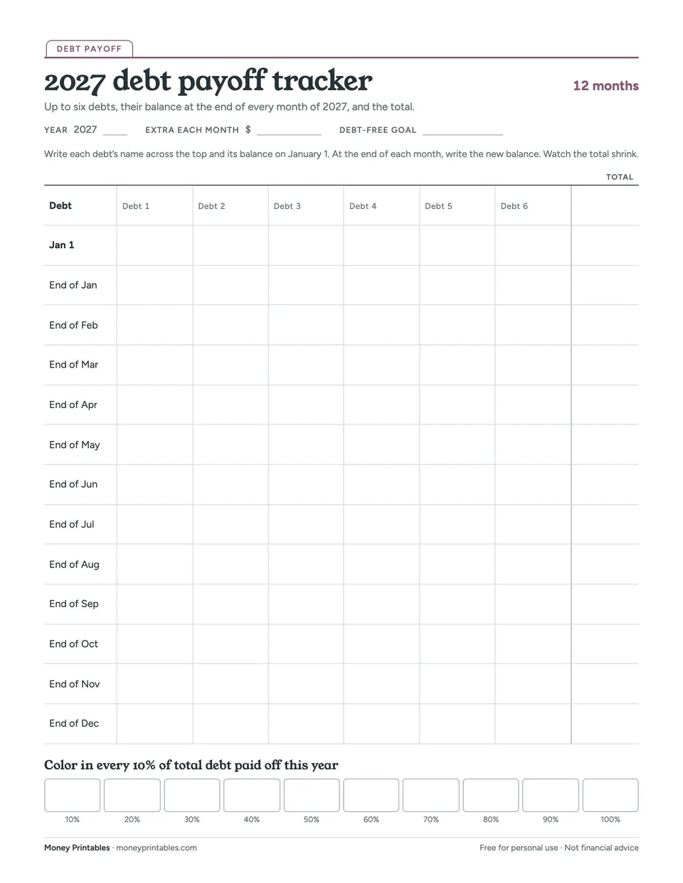 Preview of the 2027 debt payoff tracker printable