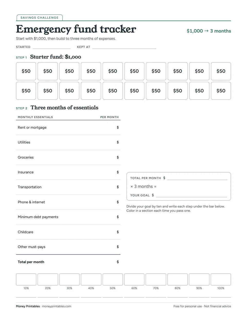 Preview of the Emergency fund tracker printable
