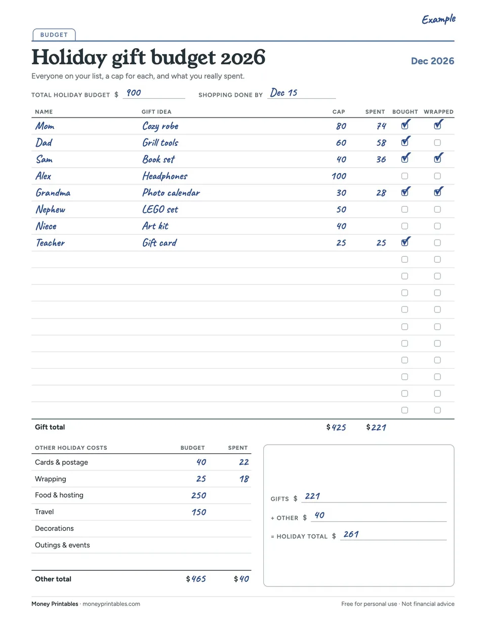 Example of the Holiday gift budget 2026 printable filled in