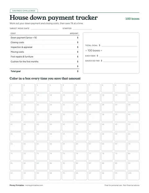 Preview of the House down payment tracker printable