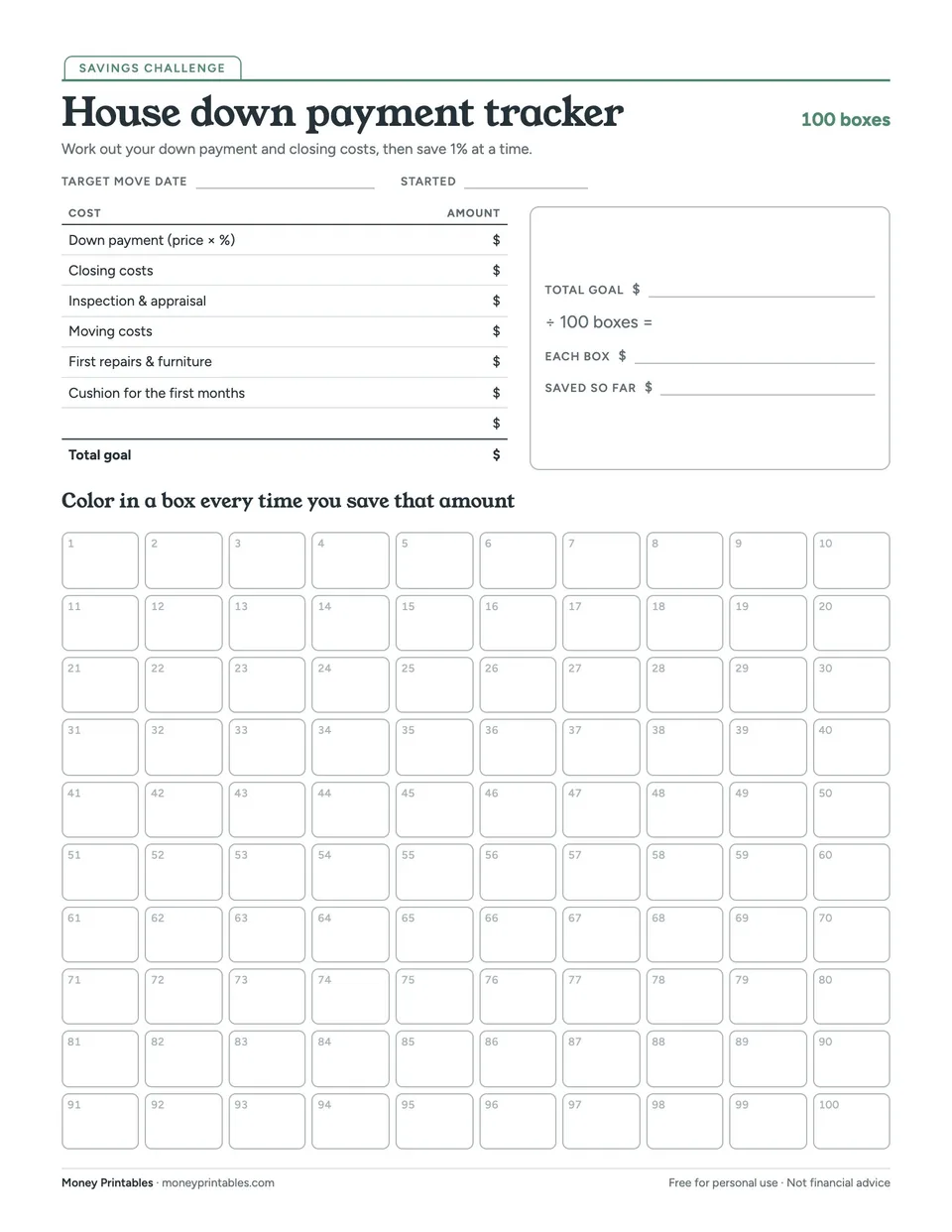 Preview of the House down payment tracker printable