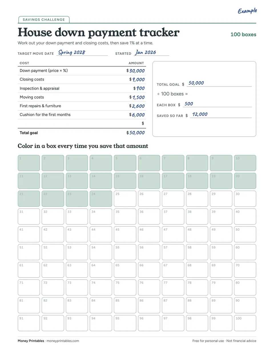 Example of the House down payment tracker printable filled in