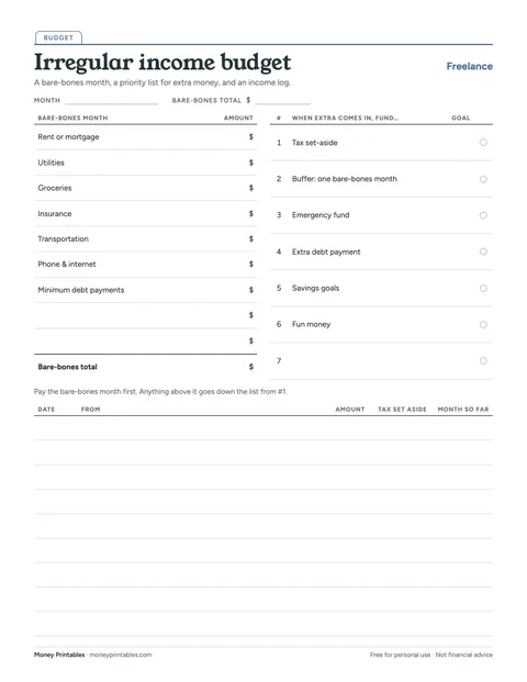 Preview of the Irregular income budget printable