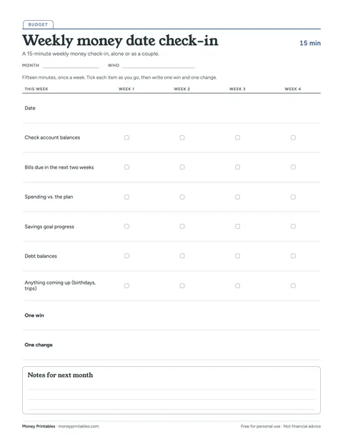 Preview of the Weekly money date check-in printable