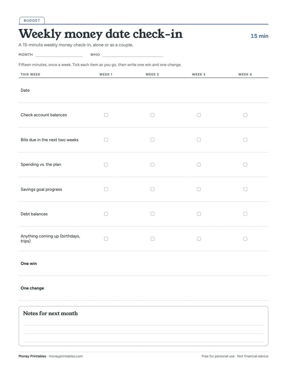 Preview of the Weekly money date check-in printable