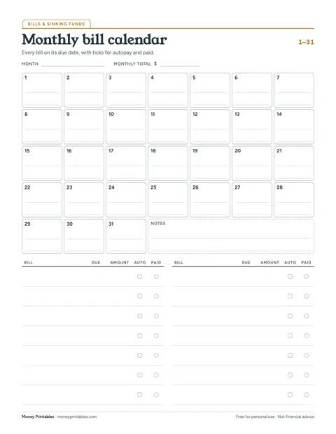 Preview of the Monthly bill calendar printable