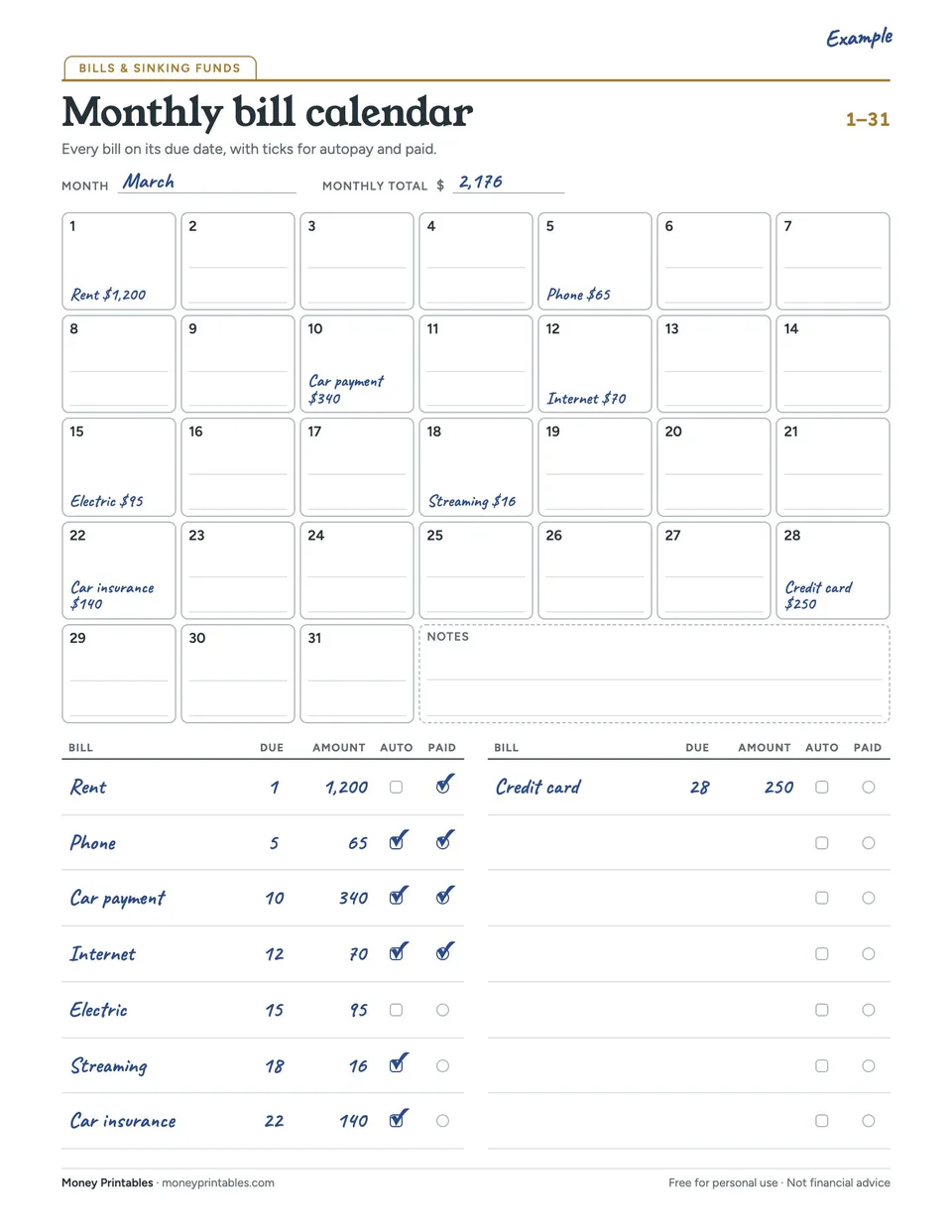 Example of the Monthly bill calendar printable filled in