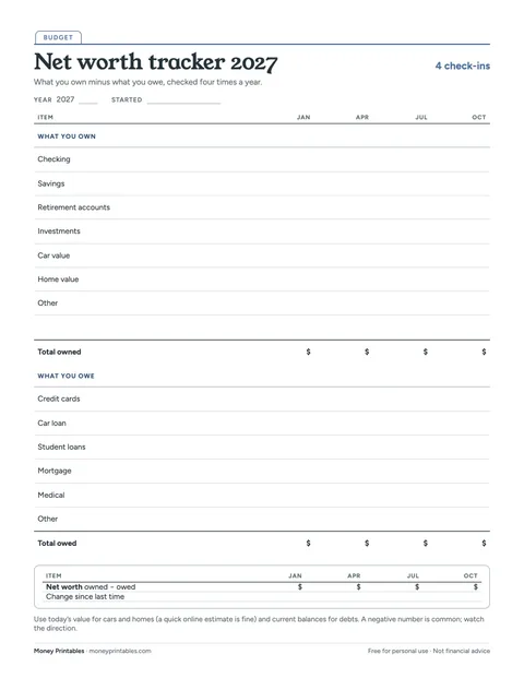 Preview of the Net worth tracker 2027 printable