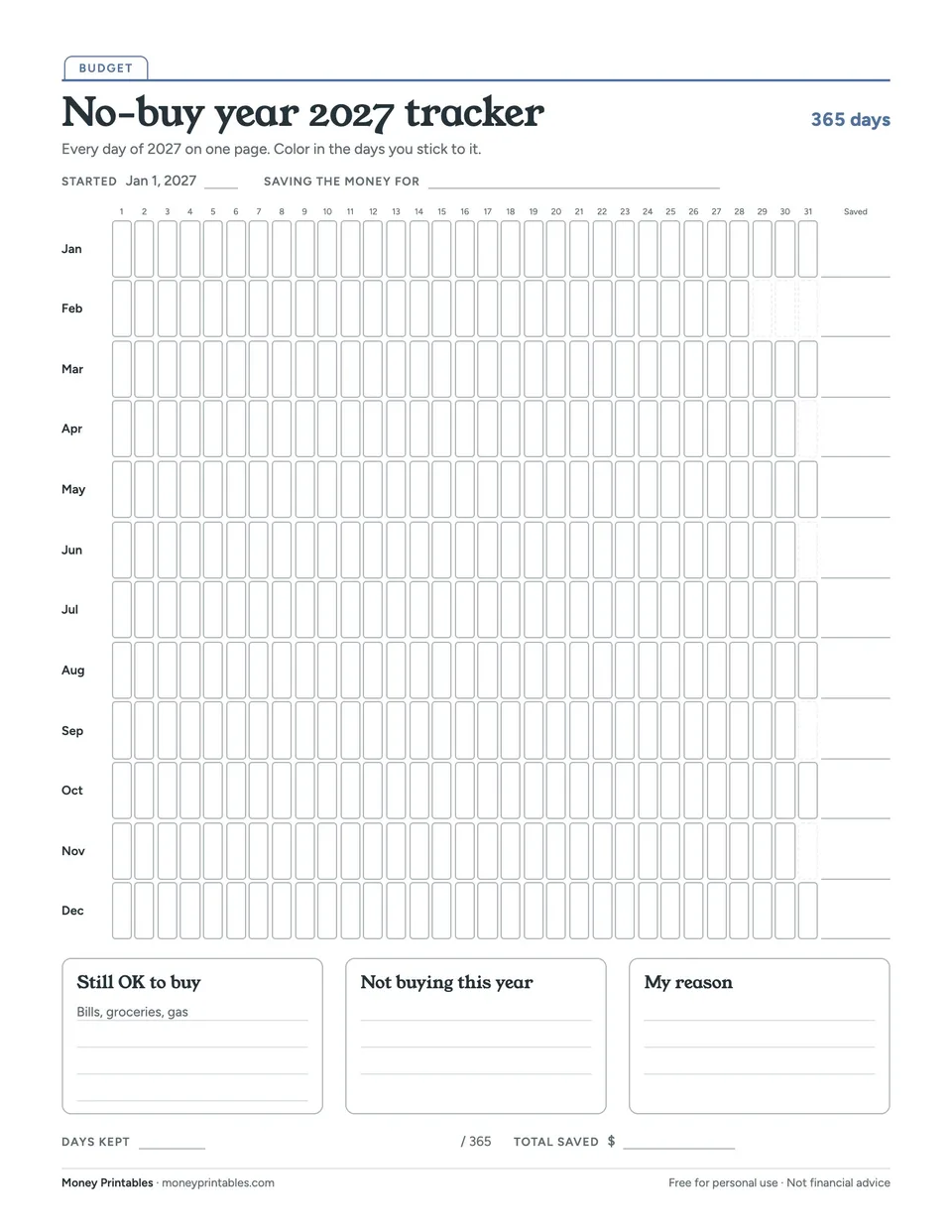Preview of the No-buy year 2027 tracker printable