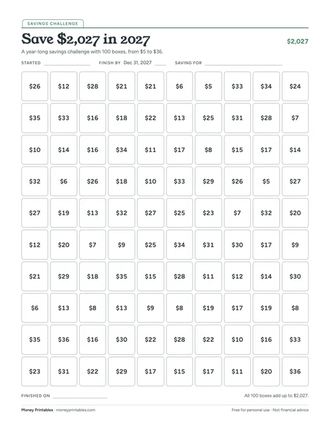 Preview of the Save $2,027 in 2027 printable