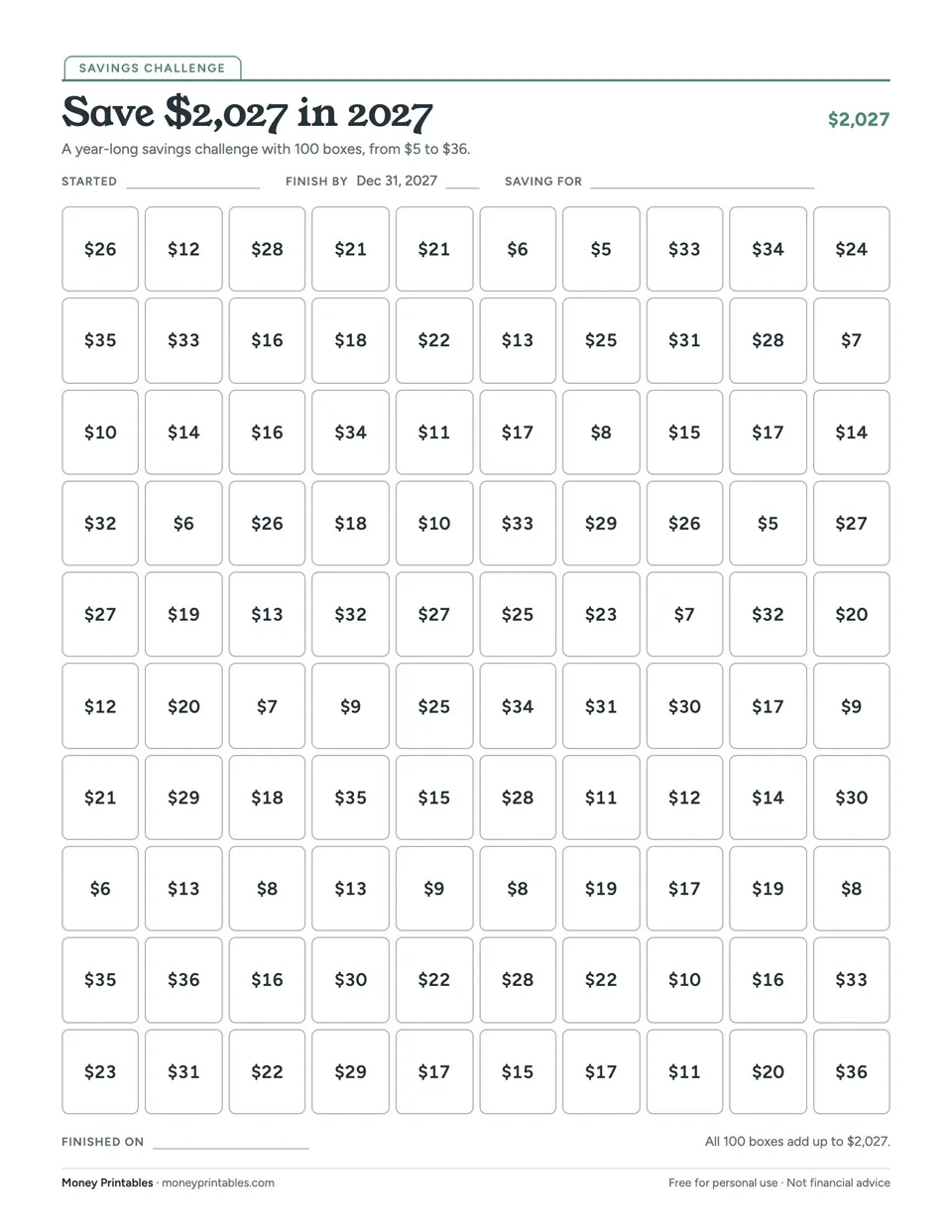 Preview of the Save $2,027 in 2027 printable