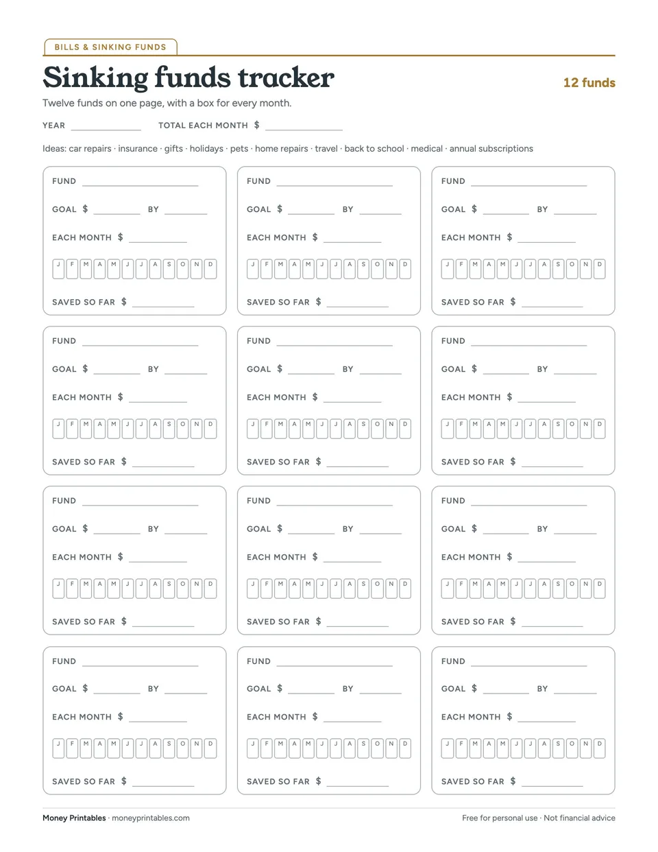Preview of the Sinking funds tracker printable